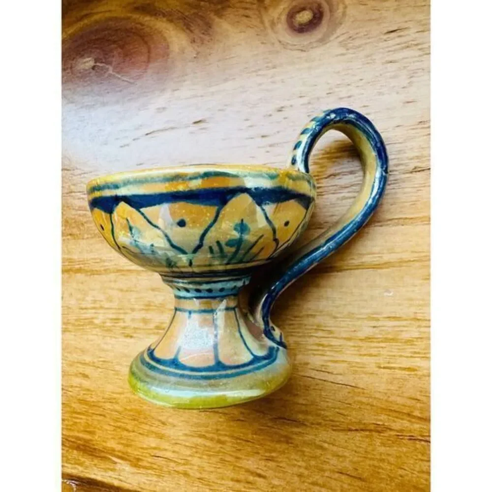 Pottery Candle Holder Finger Ring Blue Yellow Orange Vintage Made In‎ Italy